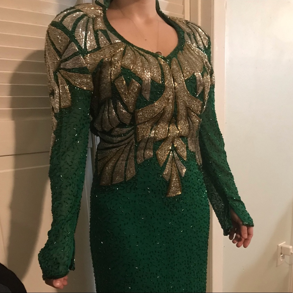 Beaded emerald green dress.